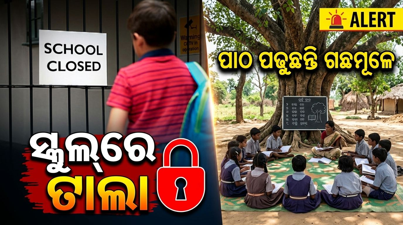 ଶିକ୍ଷକ ନିଯୁକ୍ତି ଦାବିରେ ଆଶ୍ରମ ସ୍କୁଲ୍‌ରେ ତାଲା, ଗଛମୂଳେ ପାଠ ପଢୁଛନ୍ତି ଛାତ୍ରଛାତ୍ରୀ