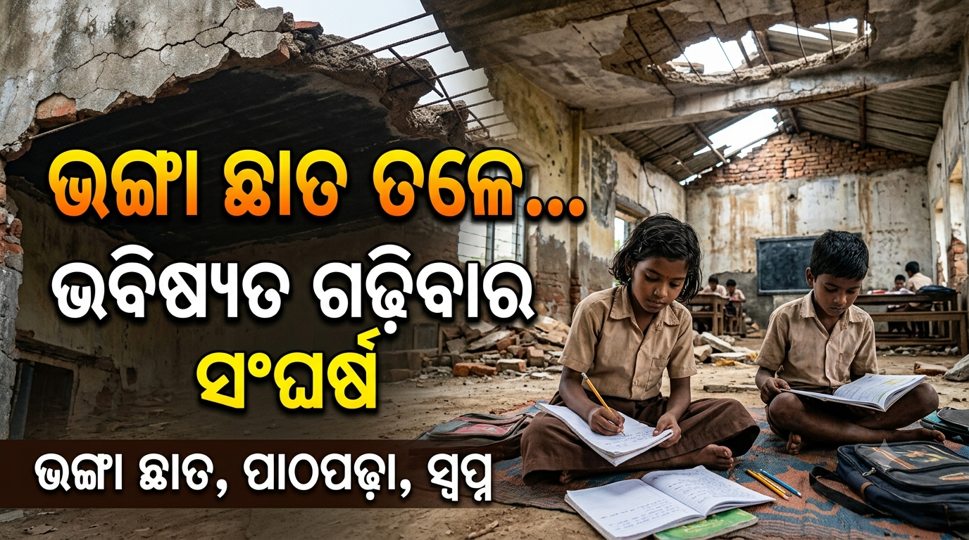 ଭଙ୍ଗା ଛାତ ତଳେ ପାଠପଢ଼ା; ବାଜିରେ ଲାଗିଛି ଛାତ୍ରଛାତ୍ରୀଙ୍କ ଜୀବନ